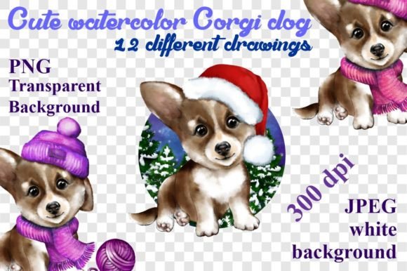 Cute Watercolor Corgi Dog Christmas PNG
