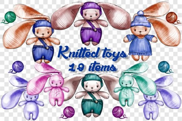 Cute Watercolor Knitted Toys Clipart PNG
