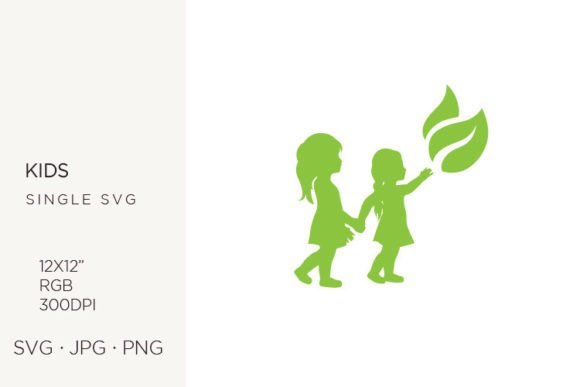Little Girls with Green Leaves Graphics and Illustrations