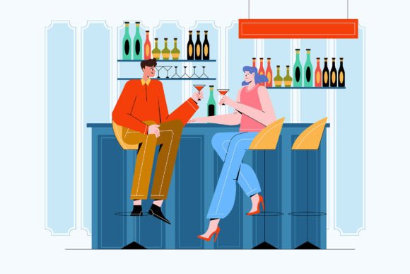 Man and Woman Drinking in Bar: Graphics for Local Branding