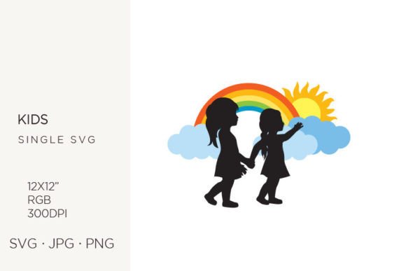 Two Little Girls, Sun, Clouds and Rainbo