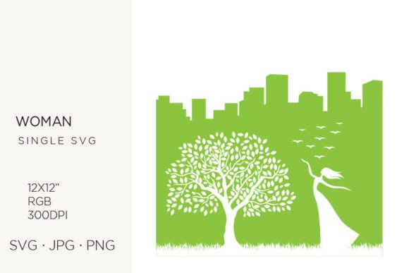 Woman Tree, Birds and City Buildings Graphics